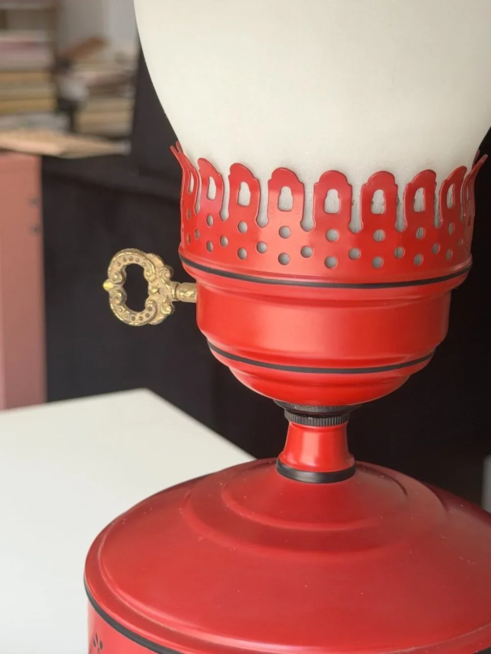 Vintage 1960s Tole Toleware 16.5” Metal Red Orange Table Hurricane Lamp